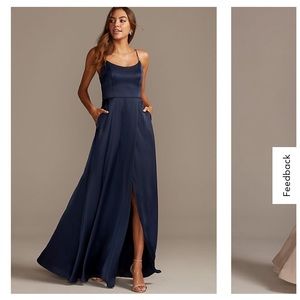 Crepe-Back Satin Spaghetti Strap Bridesmaid Dress - David’s Bridal - Marine